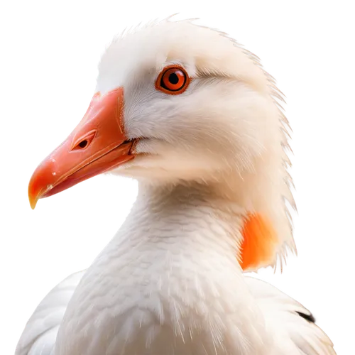 White goose, adult, solo, close-up, detailed feathers, orange beak, bright eyes, soft fluffy neck, gentle gaze, morning sunlight, 3/4 composition, shallow depth of field, warm color tone, cinematic li