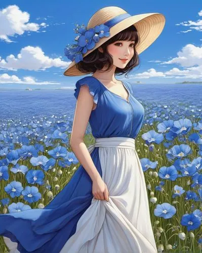blue daisies,himilayan blue poppy,blue rose,anemone coronaria,blue flower,blooming field,windflower,blue petals,field of flowers,flower field,forget-me-not,jasmine blue,cosmos wind,blue flowers,flowers field,flower background,blue painting,blue background,blue and white,straw hat,Conceptual Art,Daily,Daily 34