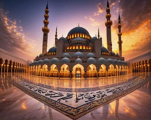 Islamic architecture, grand mosque, multiple large domes, intricate geometric patterns, golden accents, ornate minarets, Arabic calligraphy, marble floors, high ceilings, vast open spaces, warm ambien