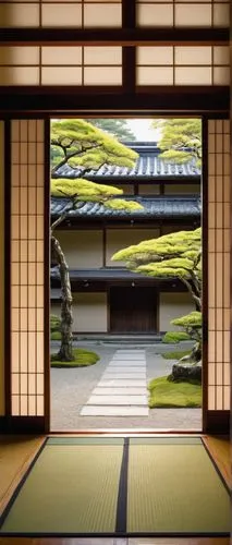 Traditional Japanese architecture, old temple, tatami mat floor, shoji sliding doors, fusuma room dividers, engawa veranda, kura storehouse, tiled roof, curved Japanese tiles, aged wooden beams, paper