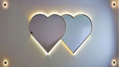 Convert this layout into a real gypsum decor for a room with hidden lighting.,two light heart shaped mirrors sitting on a wall,heart shape frame,neon valentine hearts,wall lamp,wall light,light sign,h