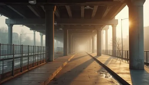 overpass,walkway,under the bridge,bridge,morning light,pier,morning fog,morning mist,footbridge,bridged,early morning,railroad bridge,skybridge,highway bridge,overbridge,light rays,boardwalk,underpass,bridges,volumetric,Photography,General,Realistic