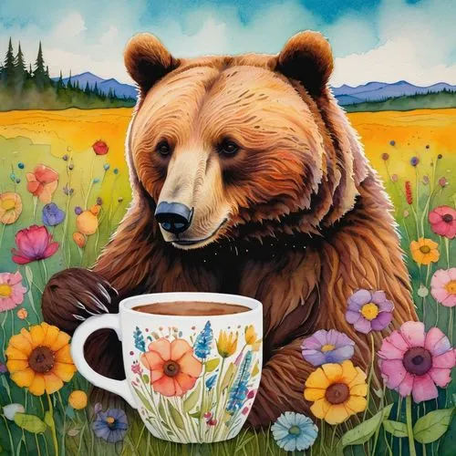 coffee tea illustration,brown bear,bear kamchatka,ivan-tea,cute bear,drinking coffee,dandelion coffee,tea drinking,a cup of coffee,cup of coffee,a cup of tea,tea time,coffee cup,cup of tea,coffee mug,bear,coffee break,flower painting,coffee background,coffee time,Art,Artistic Painting,Artistic Painting 49