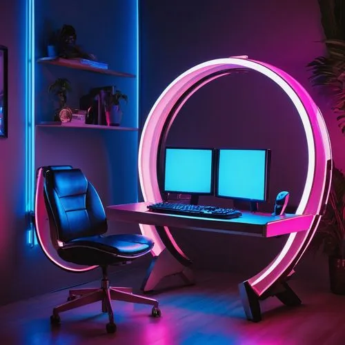 computer desk,new concept arms chair,desk,chair circle,secretary desk,computer room,creative office,computer workstation,desk lamp,office desk,office chair,pink chair,neon light,neon lights,cyclocomputer,semi circle arch,neon,neon human resources,pink vector,aesthetic,Illustration,Abstract Fantasy,Abstract Fantasy 11