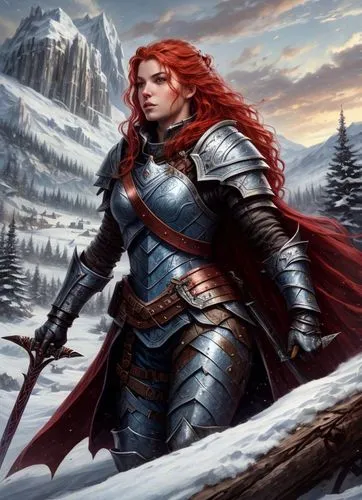 dwarf sundheim,female warrior,winterblueher,paladin,joan of arc,heroic fantasy,fantasy portrait,swordswoman,eufiliya,celtic queen,sterntaler,merida,cg artwork,red-haired,male elf,warrior woman,dane axe,northrend,portrait background,lone warrior