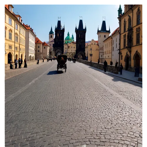 Prague City, daytime, sunny, Charles Bridge, Vltava River, Old Town Square, St. Vitus Cathedral, Baroque architecture, ornate buildings, Gothic spires, cobblestone streets, horse-drawn carriages, tour