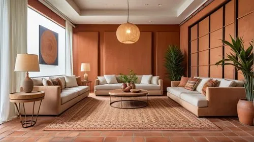 Modern Mexican Interior Design, Living Room, vibrant Mexican textiles, rustic terracotta tiles, lush indoor agave
,a sitting room has sofas, lamps and large windows,contemporary decor,mahdavi,apartmen