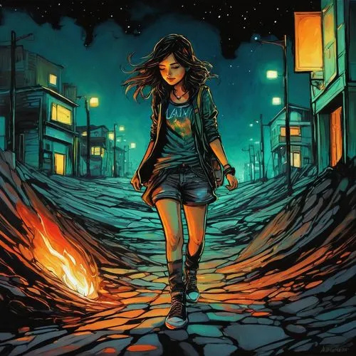 girl walking away,rosa ' amber cover,digital illustration,sci fiction illustration,pedestrian,digital art,digital artwork,2d,mystery book cover,sidewalk,digital painting,grunge,little girl in wind,digital,girl with speech bubble,a pedestrian,falling stars,digital drawing,world digital painting,fire background,Illustration,Realistic Fantasy,Realistic Fantasy 23