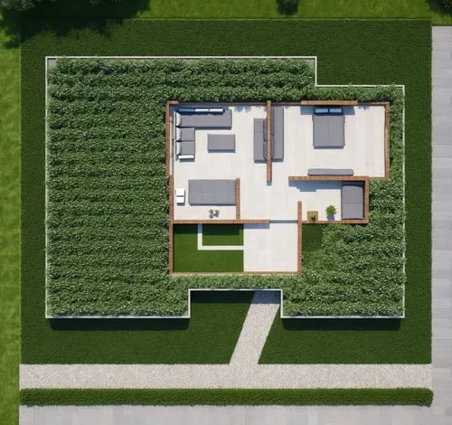 garden elevation,house drawing,view from above,grass roof,house shape,progestogen,Photography,General,Realistic