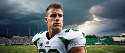 American football player, strong muscular build, short spiky hair, sweat droplets on forehead, intense gaze, white jersey with team logo, shoulder pads, tight athletic pants, sports shoes with cleats,