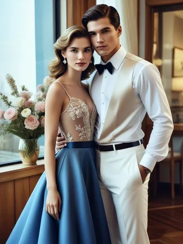 Create an elegant couple in love that will show off your best work.,a beautiful woman in a blue dress with a man wearing a white suit,quinceanera dresses,eveningwear,beautiful couple,vintage man and w