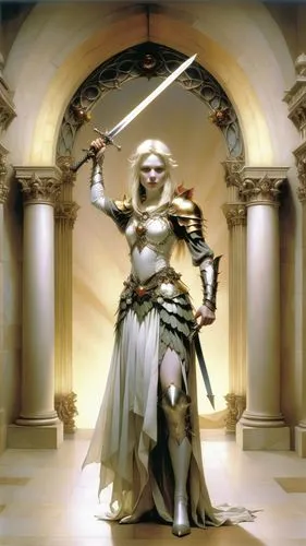 arch angel with short dress, sword,there is a woman dressed in a armor and holding a sword,joan of arc,penthesilea,crusader,caesarion,lady justice,paladin,Illustration,Realistic Fantasy,Realistic Fant