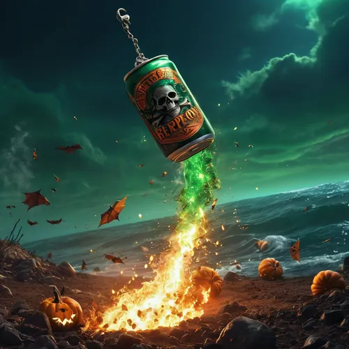 Burning Green soda can crashing into the bottom of the seafloor exploding, Underwater explosion, copper shrapnel from a copper soda can, copper shrapnel, copper pieces, like a meteor with steamy fire 