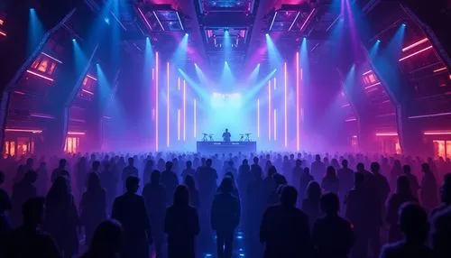 Vibrant nightclub interior, pulsating LED lights, strobe effects, fog machines, DJ booth, dance floor, crowd of people, loud music, dark blue and purple hues, metallic accents, glossy floors, futurist