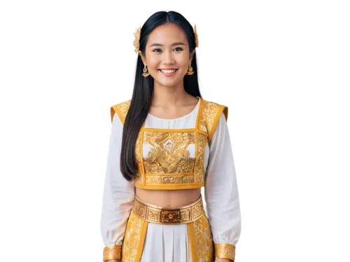 Asian Thai woman, traditional dress, golden accessories, dark hair, smooth skin, bright smile, gentle eyes, standing, 3/4 composition, natural light, warm color tone, shallow depth of field, cinematic