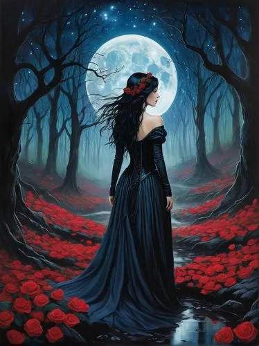 blue moon rose,moonsorrow,gothic woman,black rose hip,samhain,red riding hood,black rose,fantasy picture,persephone,hecate,vampyres,red rose,black forest,way of the roses,dark angel,rasputina,vampire woman,malefic,the sleeping rose,unseelie,Illustration,Abstract Fantasy,Abstract Fantasy 19