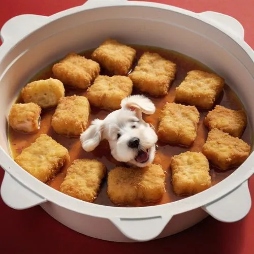  A box of chicken nuggets with happy funny Snoopy faces. One of the chicken nuggets is bathing in the dip. Text: "KITTEN NUGGETS",pork in a pot,crouton,oden,cheese cubes,soup bones,nuggets,bread puddi