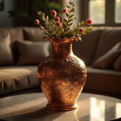 Copper material, luxurious decorative vase, ornate patterns, intricate design, elegant living room, velvet couch, marble coffee table, dim warm lighting, afternoon sunbeams, subtle reflections on copp