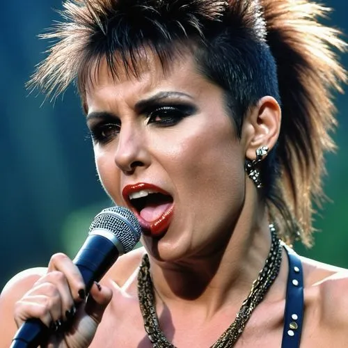 A stunning photograph capturing the legendary pop icon, Nena , 29 years old on elaborate stage with aband, 1980s, Nena with hairy arm pits, sticking out tongue,gennifer,rezillos,fuzzbox,anousheh,furte