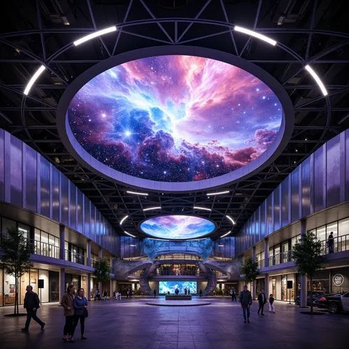 Glowing planetarium dome, futuristic high-tech architecture, sleek metal cladding, LED light strips, starry night sky projection, 3D astronomy visualizations, interactive exhibits, immersive experienc