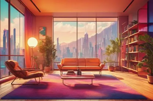 an apartment,livingroom,apartment,study room,sky apartment,living room,modern room,apartment lounge,shared apartment,midcentury,indoors,interiors,aesthetic,roominess,modern office,background design,radiosity,indoor,apartments,pink chair,Conceptual Art,Sci-Fi,Sci-Fi 27