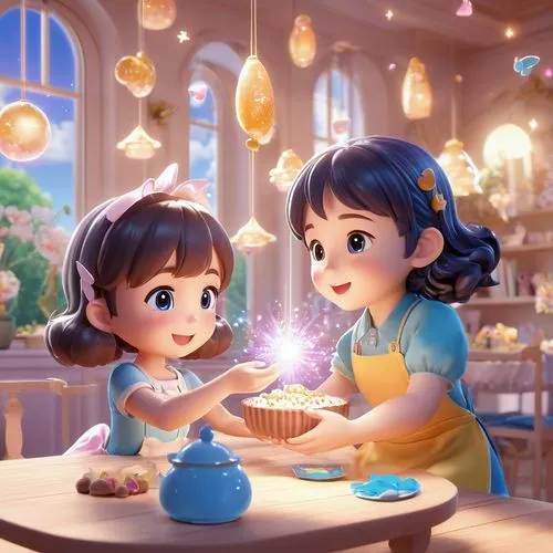 A very sweet 5-year-old boy serves a huge goody to a 3-year-old girl.,wishes,starlighters,star kitchen,shanghai disney,mid-autumn festival,children's birthday,twinkling,tea party,cute cartoon image,st