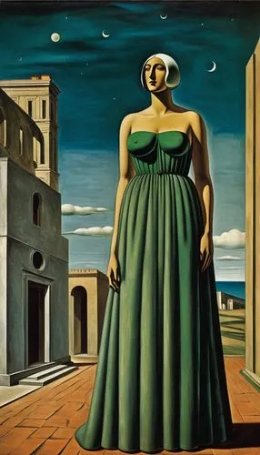 (Enigmatic, Metaphysical Dream art by Giorgio de Chirico, by Carlo Carrà, by Giuseppe Capogrossi, by Mario Sironi :1.5), (a mystical_beauty, her form a synthesis of antique_architecture and eerie_shad