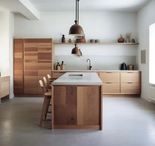 replace the brick tiled wall with a full length straight horizontal coffee bar, keep side of walls plain, make the wooden cabinets more brownish red, have two plank shelves above to keep brewing equip