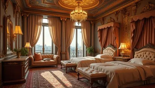 Byzantine style dorm, luxurious ambiance, ornate golden patterns, intricate mosaics, richly textured carpets, plush velvet couches, majestic four-poster beds, intricately carved wooden desks, lavish c