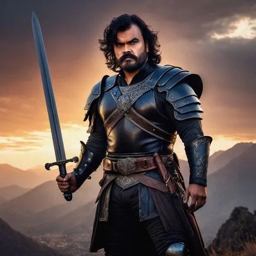 Muscular man, Jack Black, fantasy setting, standing, confident pose, facial close-up, detailed beard, messy black hair, silver earrings, black leather armor, chest plate, gauntlets, waist belt, pants 