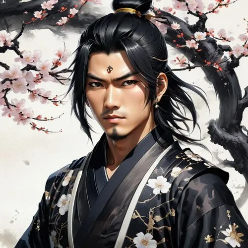 "Create a high-quality AI image of a young man with long, flowing black hair and piercing brown eyes, dressed in a detailed black kimono with intricate white motifs. He embodies the essence of a Shini