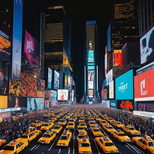 NYC skyscraper, modern architecture, glass and steel structure, urban landscape, film festival billboard, giant screen, crowded streets, night scene, neon lights, Times Square atmosphere, cinematic co