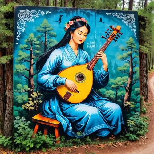 flamenca,saraswati,guitarra,wall painting,classical guitar,woman playing,Conceptual Art,Graffiti Art,Graffiti Art 07