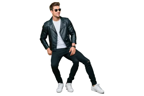 Cool guy, young adult, lean muscles, casual hairstyle, stylish sunglasses, slight smile, black leather jacket, white T-shirt, ripped jeans, sneakers, relaxed pose, leaning against wall, 3/4 compositio