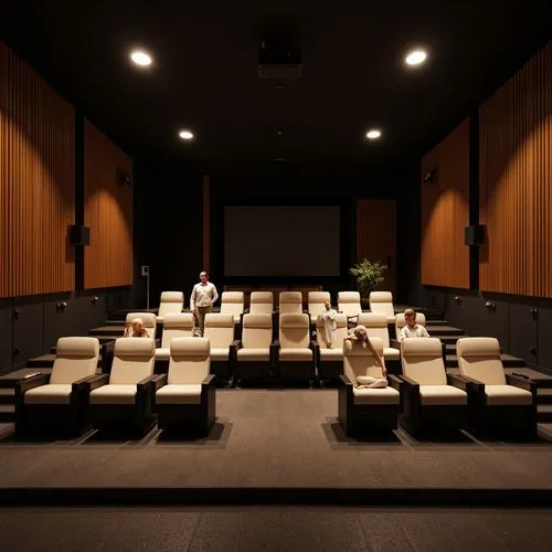 Modern theater interior, spacious seating area, comfortable chairs, soft cushioning, gentle lighting, warm atmosphere, advanced air conditioning systems, efficient ventilation networks, subtle airflow