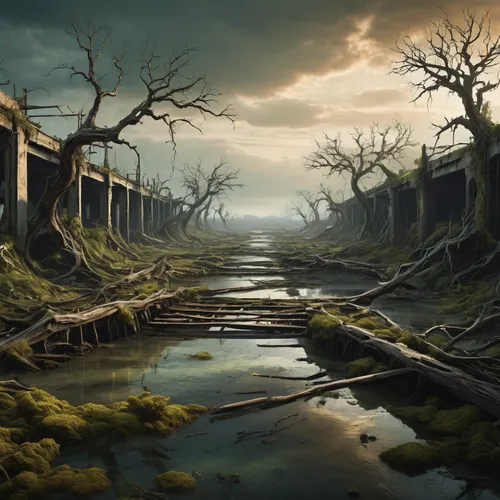 post-apocalyptic wasteland, inspired by the aesthetics of video games. Envision a desolate landscape with toxic waters pooling on the ground, casting an eerie greenish glow. Picture dead trees with tw