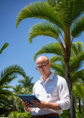 Matthew Cunningham, landscape architect, middle-aged man, bespectacled, short brown hair, casual clothing, jeans, white shirt, brown leather belt, standing, holding a tablet, pencil in hand, designing