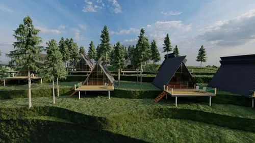 chair,several small wooden cabins on grass with trees in the background,treehouses,ecovillages,wigwams,cube stilt houses,teepees,sketchup