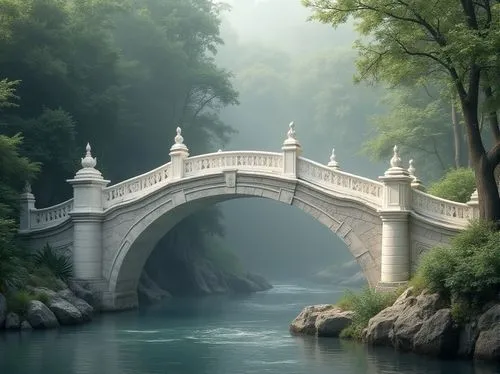 Marble bridge, white marble, smooth texture, glossy finish, ornate carvings, grand arches, stone pillars, intricate details, subtle lighting, misty atmosphere, serene environment, peaceful river flowi