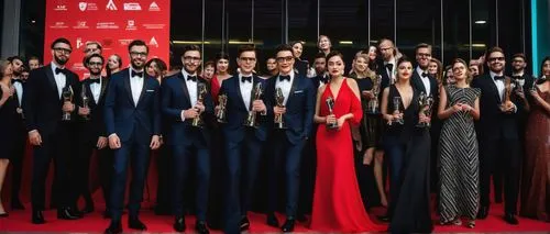 Modern skyscraper, sleek lines, glass facade, LED lights, cityscape, night scene, cinematic composition, low-angle shot, film festival logo, red carpet, step-and-repeat backdrop, glamorous attendees, 