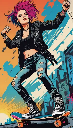 young woman, counterculture style, vibrant hair colors, facial piercings, tattoo sleeves, leather jacket, ripped jeans, combat boots, standing pose, urban graffiti background, skateboard in hand, dyna