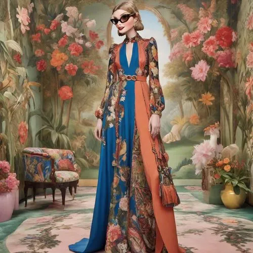 a woman wearing a blue dress in front of a wall,siriano,caftan,tahiliani,blue floral,a floor-length dress,etro