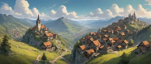 mountain settlement,alpine village,mountain village,escher village,fantasy landscape,knight village,medieval town,aurora village,high alps,mountainous landscape,meteora,alpine region,alpine pastures,mountain landscape,mountain scene,villages,mountain world,world digital painting,northrend,mountains,Conceptual Art,Fantasy,Fantasy 08