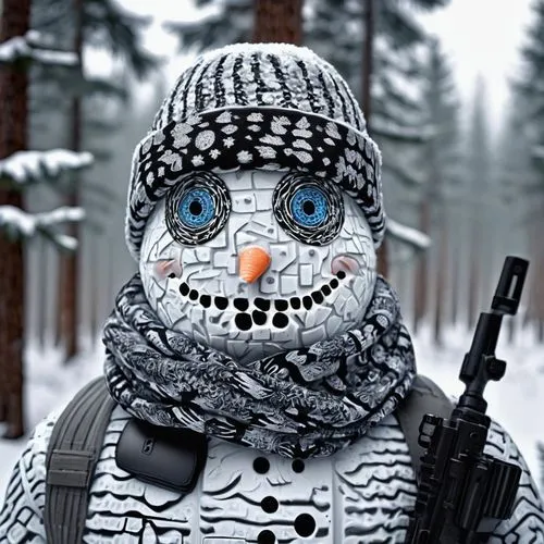 Snowman, winter soldier, cold war theme, frostbite skin tone, icy blue eyes, white and black camouflage clothing, fur-lined hat, scarf covering face, rifle slung over shoulder, snowy forest, pine tree