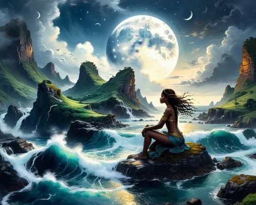 fantasy picture,dreamtime,mermaid background,fantasy art,dreamscapes,moonlit night,Illustration,Realistic Fantasy,Realistic Fantasy 25