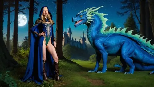 A large adult blue dragon with pale green breast scales standing beside the girl, his body facing the camera and its eyes directly at the camera, protecting her. The background is a medieval fantasy f