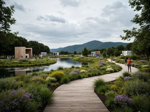 Rustic wooden decks, winding stone pathways, lush greenery, blooming wildflowers, meandering streams, serene lakeside, rolling hills, dramatic skies, abstract sculptures, geometric pavilions, fragment