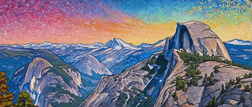 half dome,half-dome,yosemite,cascades,salt meadow landscape,mountains,mountain scene,el capitan,yosemite park,mountain sunrise,mountain landscape,high mountains,painting technique,peaks,snowy peaks,eiger,oil pastels,pointillism,lsd,moutains,Conceptual Art,Daily,Daily 31