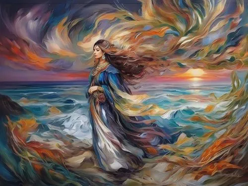 the wind from the sea,fantasy art,boho art,oil painting on canvas,dancing flames,mystical portrait of a girl,fantasy picture,fire dancer,art painting,sea breeze,flame spirit,light bearer,psychedelic art,fire artist,fire dance,oil painting,swirling,shamanic,gypsy soul,wind wave,Illustration,Paper based,Paper Based 04