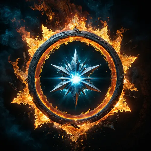 Circulo magico de una Estrella de siete puntas envuelta en un circulo. Dentro de cada punta un simbolo de magia elemental de fuego, agua, aire, rayo, luz, oscuridad, naturaleza. ,circular star shield,